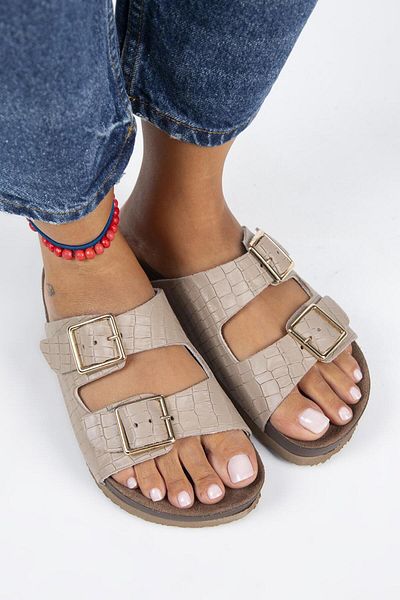 Manijero Anjelic Croco Women's Mink Slippers - Genuine Leather, Double Buckle
