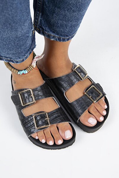 Manijero Γυναικείες παντόφλες με διπλή πόρπη από γνήσιο δέρμα Anjelic Croco Black