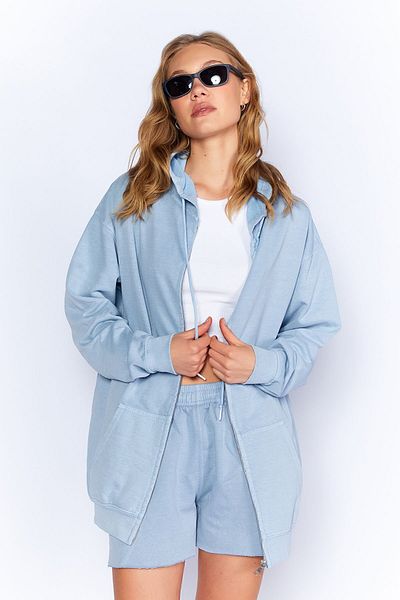 Manche Antique/Pale Effect Comfortable Cut Zippered Hooded Sweatshirt Cardigan| Blue MKW278855-01