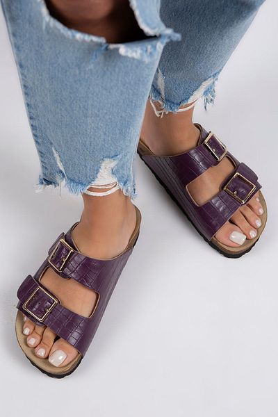 Manijero Papuci de damă Croco din piele naturală cu cataramă dublă, violet, crocodil