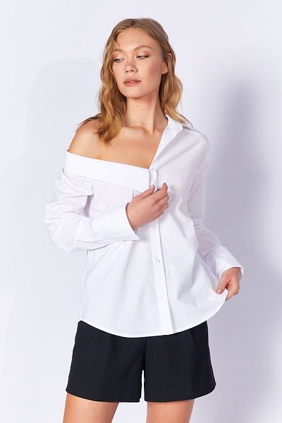 Manche White Asymmetrical Poplin Lycra Shirt| MKS169256-01