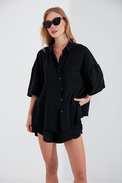 Manche Black Oversize Shirt and Shorts Set - MKS189596-01