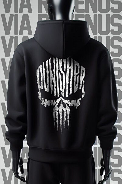 Vordevia Punisher Ön ve Arka Baskılı 3 İplik Geniş Kalıp Siyah Kapüşonlu Sweatshirt