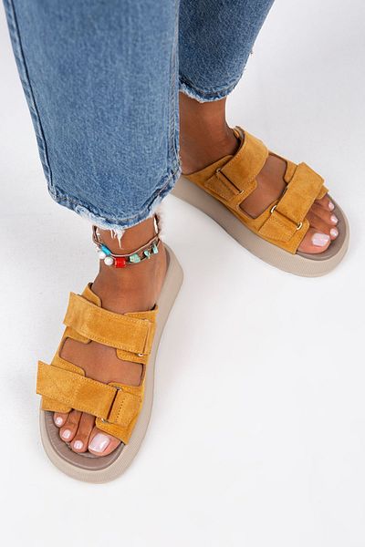 Manijero Papuci Farah pentru femei, din piele naturală, cu velcro dublu, muștar închis