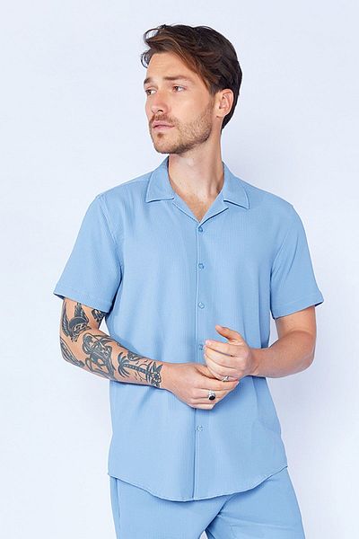 Manche Flexible Ottoman Texture - Short Sleeve Apache Collar Men's Shirt Blue MJS117839-01