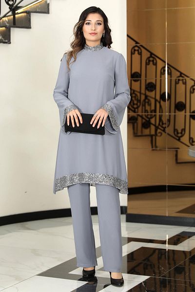 DENİMİNİ Hijab Evening Dress - Chiffon Sequin Detailed, Long Sleeve Tunic and Trousers Set