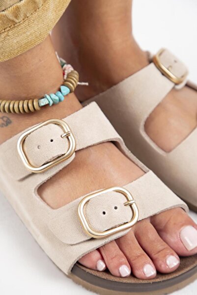 Manijero Genuine Leather Jazmin Women's Slippers - Double Buckle, Beige