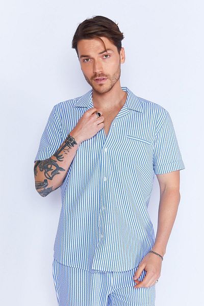 Manche Men's Shirt - Seersucker Striped, Pocket Detail, Short Sleeve, Apple Collar, Saks MES114629-01