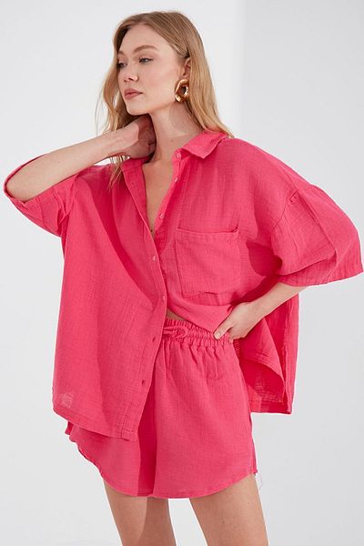 Manche Fuchsia Muslin Oversize Women's Shirt - MKS166965-01