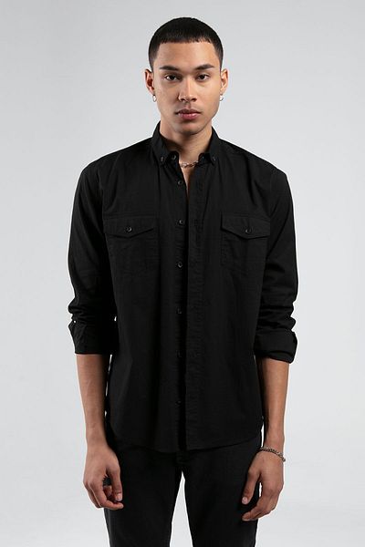 Manche Black Men's Double Pocket Cover Slim Fit 100% Cotton Shirt