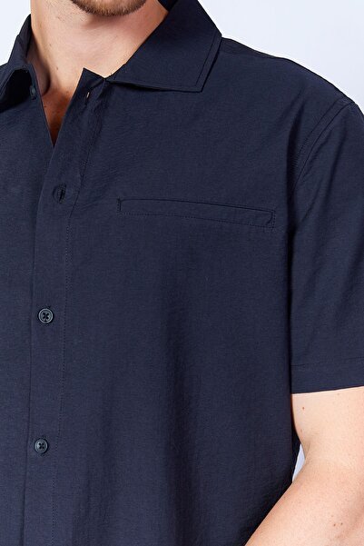 Manche %100 Pamuk Kırışık Katlı Yaka Kısa Kol Gömlek Siyah | MES129280-01