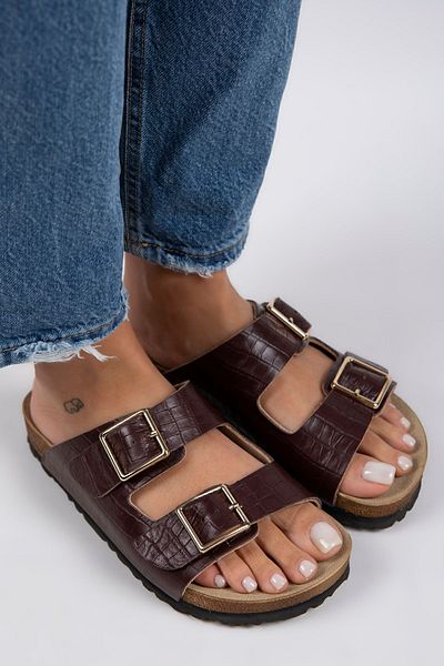 Manijero Papuci de damă Croco din piele naturală cu cataramă dublă, crocodil, burgundă