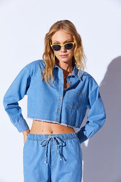 Manche Soft Textured Blue Crop Denim Shirt - Women's Jean with FraY Detail MKS 169600 -01