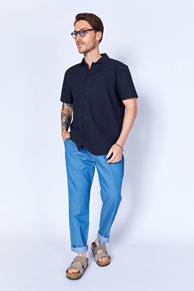 Manche %100 Pamuk Kırışık Katlı Yaka Kısa Kol Gömlek Siyah | MES129280-01