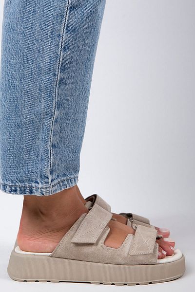 Manijero Farah Papuci de damă din piele naturală dublu velcro bej - piele de căprioară