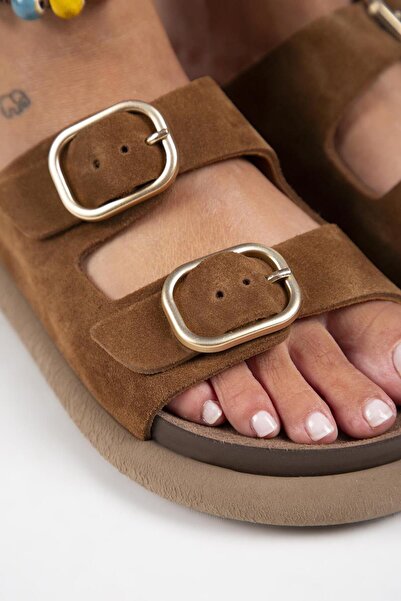 Manijero Lavanda Women's - Genuine Leather, Double Buckle Tan Slippers