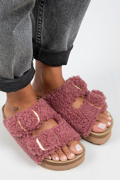Manijero Papuci de damă Selina Furry Textile Furry cu cataramă dublă liliac