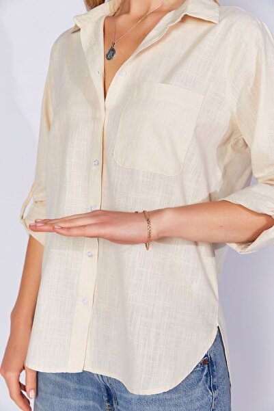 Manche Taş Cepli Keten Efektli Kadın Gömlek | MKS163420-01