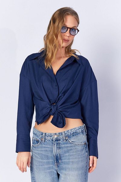 Manche Navy Blue Cotton Blended Oxford Shirt| MKW167422-01