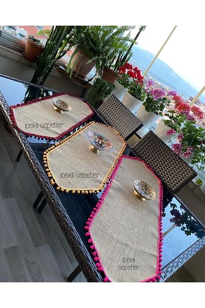 NehiripekHome Pompom Jute Balcony Runner 3 Pieces