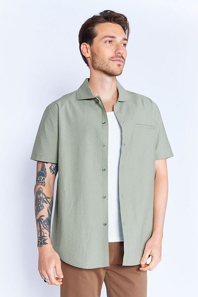 Manche Khaki Short Sleeve Shirt - 100% Cotton, Wrinkled Layered Collar| MES129280-01