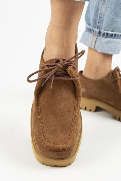 Manijero Taral Women's Genuine Leather Cornered Lace-up Taba Suede Shoes