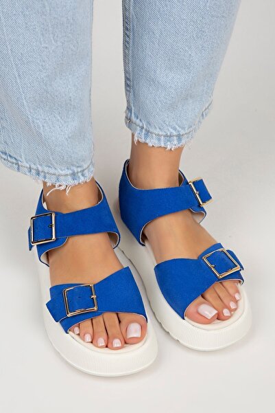Manijero Vena Women's Genuine Leather Buckle Blue Sandals