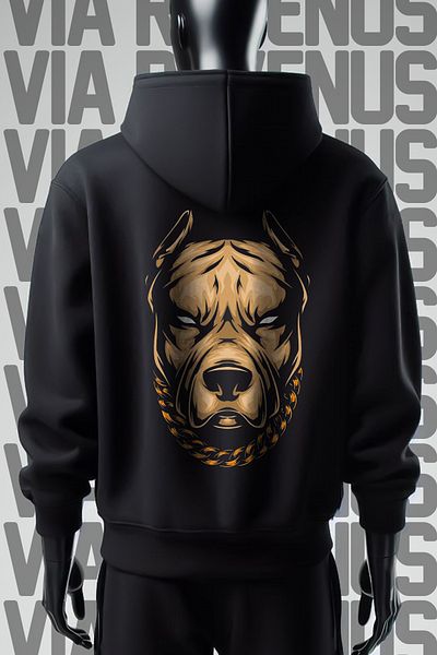 Vordevia Pittbull 3-прежден суитшърт с качулка и широк модел - черен - с щампа отпред и отзад