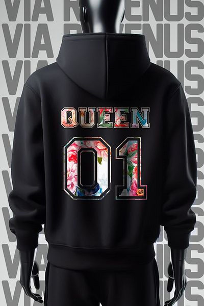 Vordevia Черен суитшърт с качулка Queen 01 - 3 нишки, широк модел, щампа отпред и отзад