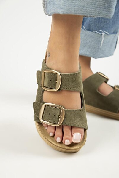 Manijero Selina Γυναικείες - Δερμάτινες Παντόφλες Χακί Διπλής Πόρπης