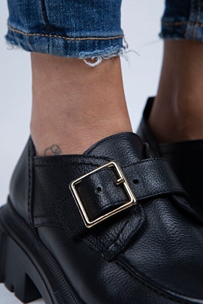 Manijero Gloria Women's Genuine Leather Loafer Belted Buckle Black Shoes