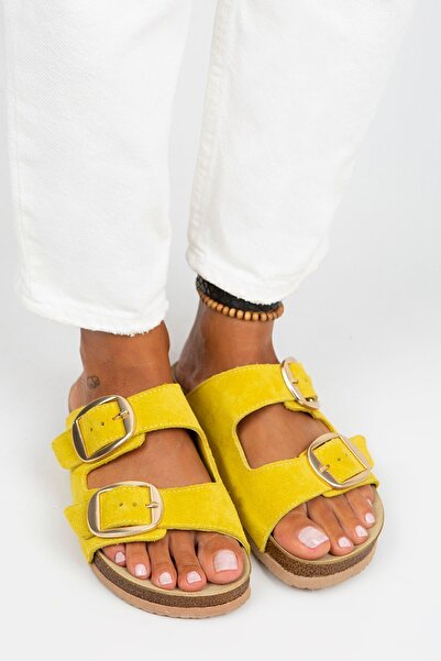 Manijero Irene Жіночі шкіряні тапочки з двома пряжками, світло-жовті - золоті