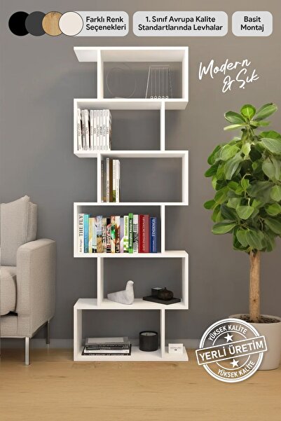 Mirobi Oregon 6 Raflı Zikzak Kitaplık, Dekoratif Raf 6 Raflı Kitaplık, Labirent, Zigzag Beyaz