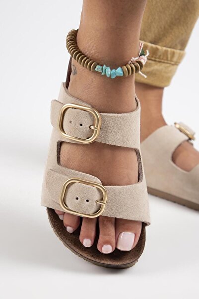 Manijero Genuine Leather Jazmin Women's Slippers - Double Buckle, Beige