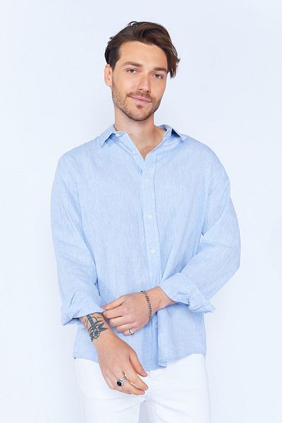 Manche Blue Linen Blended Comfortable Cotton Shirt - Long Sleeve MES128040-01