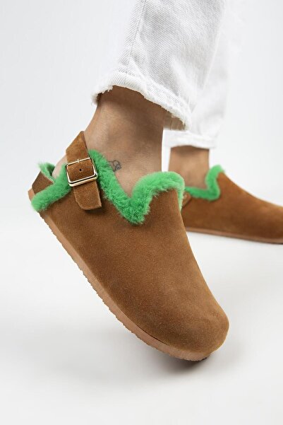 Manijero Holly Furry Women's Genuine Leather Furry Genuine Leather Belt Buckle Tan-Green Sandals