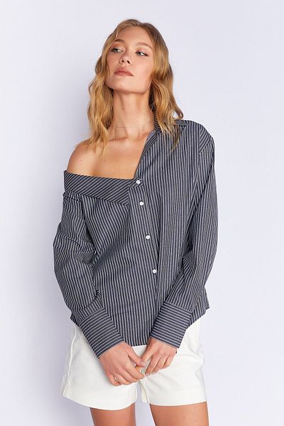 Manche Asymmetric Cut Black Striped Long Sleeve Shirt - MKS169141-01