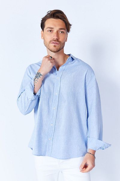 Manche Blue Linen Blended Comfortable Cotton Shirt - Long Sleeve MES128040-01