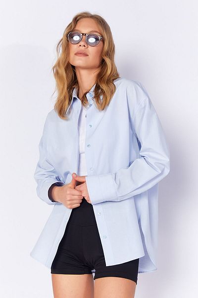 Manche Women's Relaxed Fit 100% Cotton Poplin Shirt |   Blue Mks 163867 -01