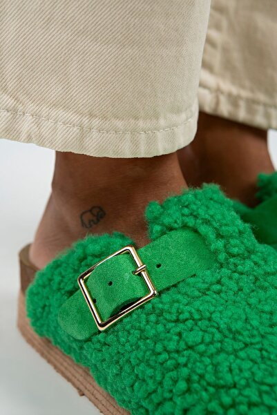 Manijero Γυναικείες υφασμάτινες γούνινες αγκράφες από γνήσιο δέρμα Juno, σκούρο πράσινο