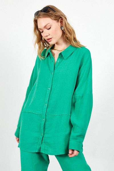 Manche Muslin Long Washed Oversize Comfortable Fit Piece Women's Solid Basic Shirt |   Benetton Mks 166905 -01