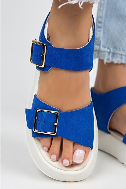 Manijero Vena Women's Genuine Leather Buckle Blue Sandals