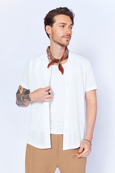 Manche Men's Shirt - Knitwear Textured, Crose Apache Collar, Short Sleeve, Ecru MJS118927-01