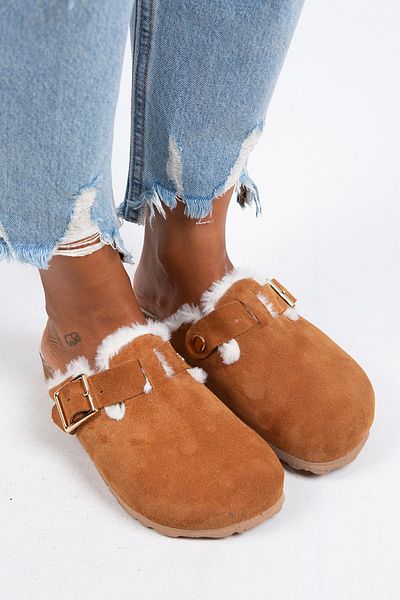 Manijero Zeta Furry Women's Genuine Leather Buckle Belted Furry Tan Suede Slippers