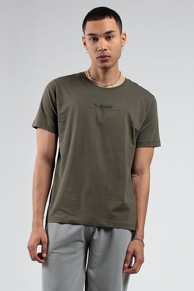 Manche Khaki Crew Neck Short Sleeve Printed 100% Cotton T-Shirt