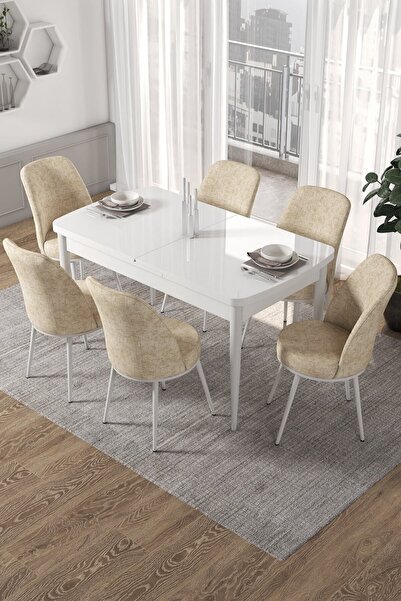 Canisa Concept Kor Serisi, 70x114 Açılabilir Beyaz Yemek Masası Takımı,6 Krem...