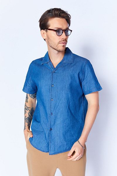Manche Navy Blue Apache Collar Denim Jean Shirt - Short Sleeve MES128113-01