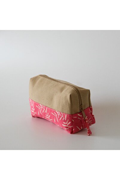 wolo -Dark Pink Leaf Patterned 100% Cotton Makeup Bag