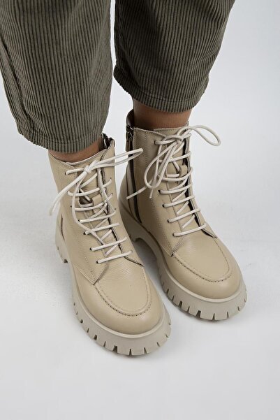 Manijero Jemima Kadın Hakiki Deri Bağcıklı Fermuarlı Bej Bot