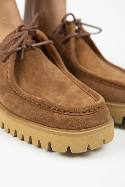 Manijero Taral Women's Genuine Leather Cornered Lace-up Taba Suede Shoes